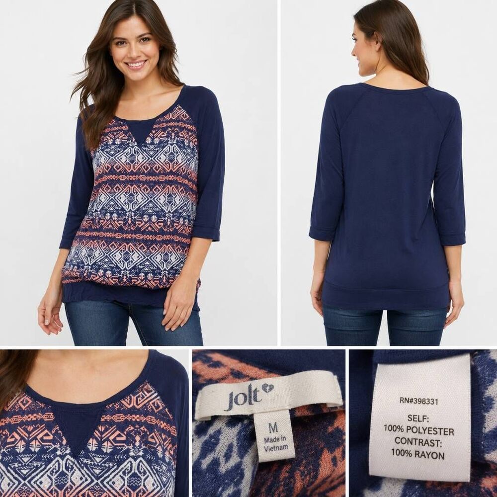 Jolt Women’s Navy Coral Tribal Print Long Sleeve Top Size M